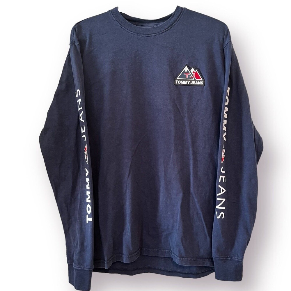 Tommy Jeans USA Men’s Medium Mountain Logo Long Sleeve Spell out T-Shirt Blue